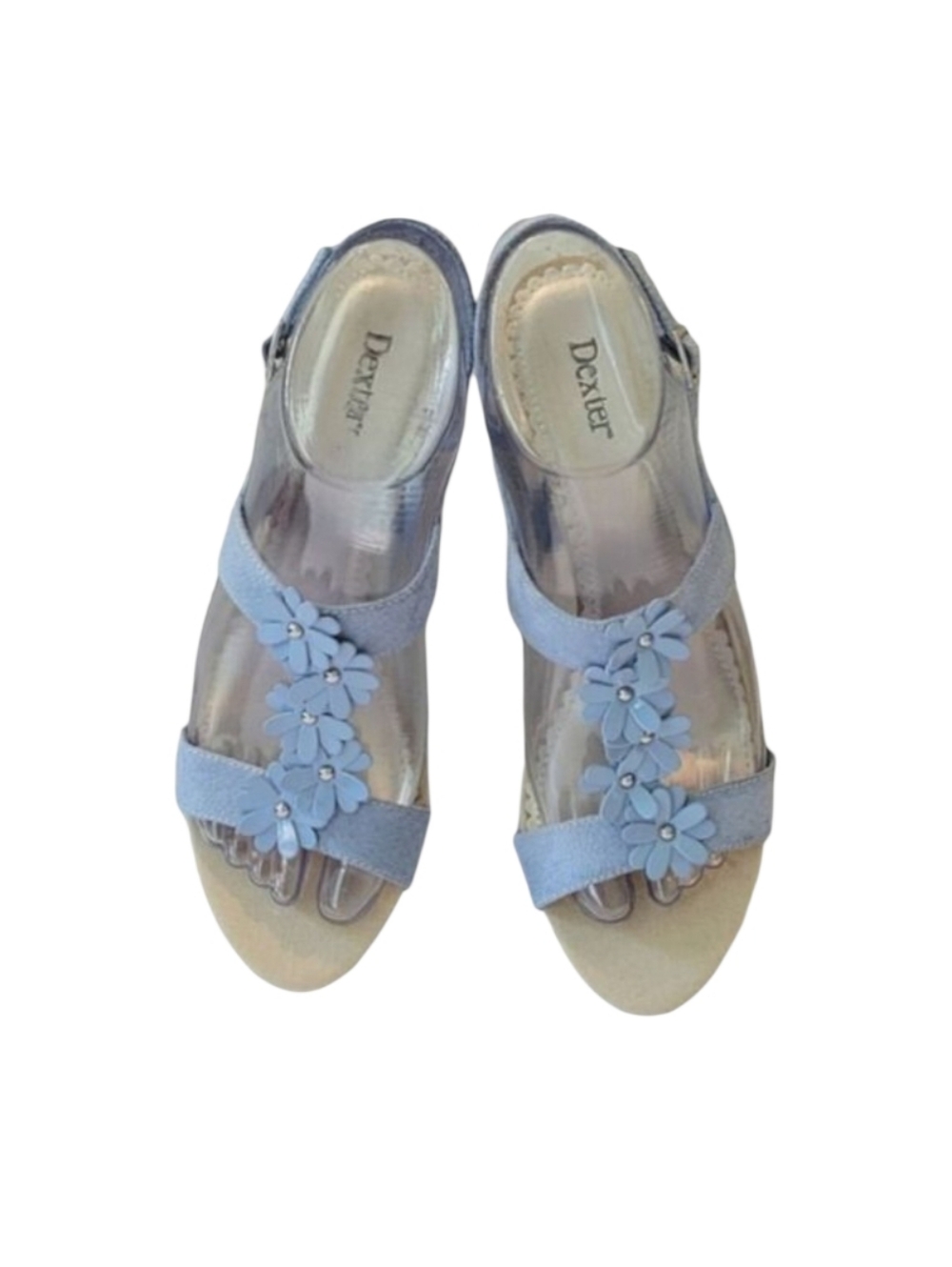 Dexter Lotus Blue Floral T-Strap  Slingback Wedge Sandal Size 6.5
